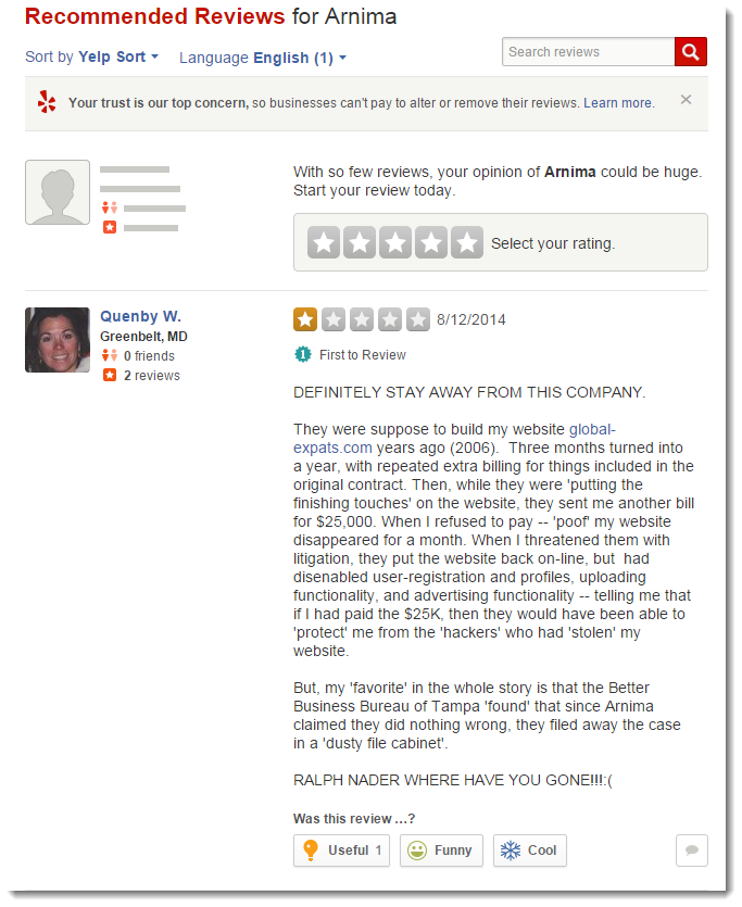 Yelp's Recommended Review of Arnima