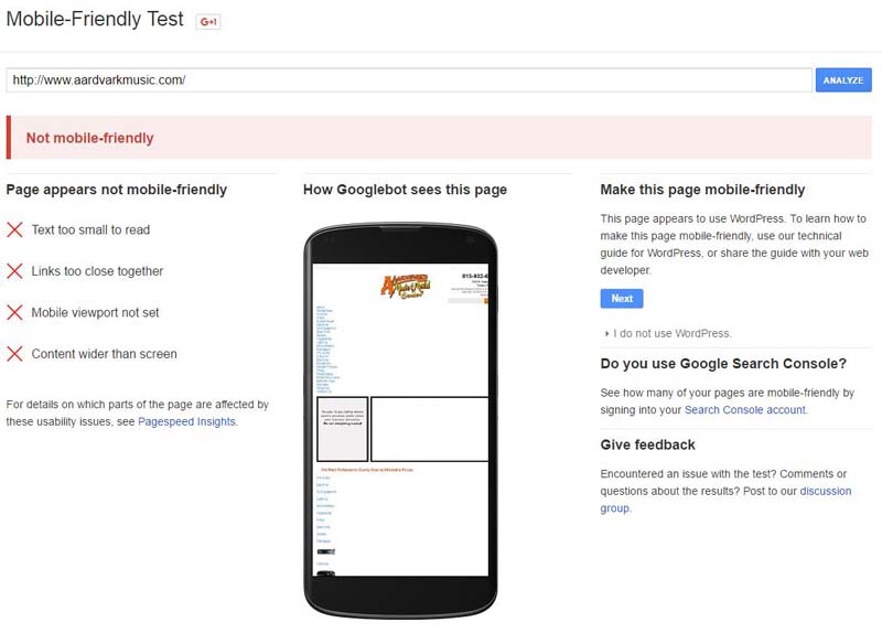 AArdvark Music Mobile Friendly Test Results